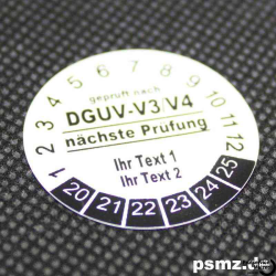 500 Prüfplaketten DGUV-V3/V4 30mm Vinyl weiß und Wunschtext auf Rolle
