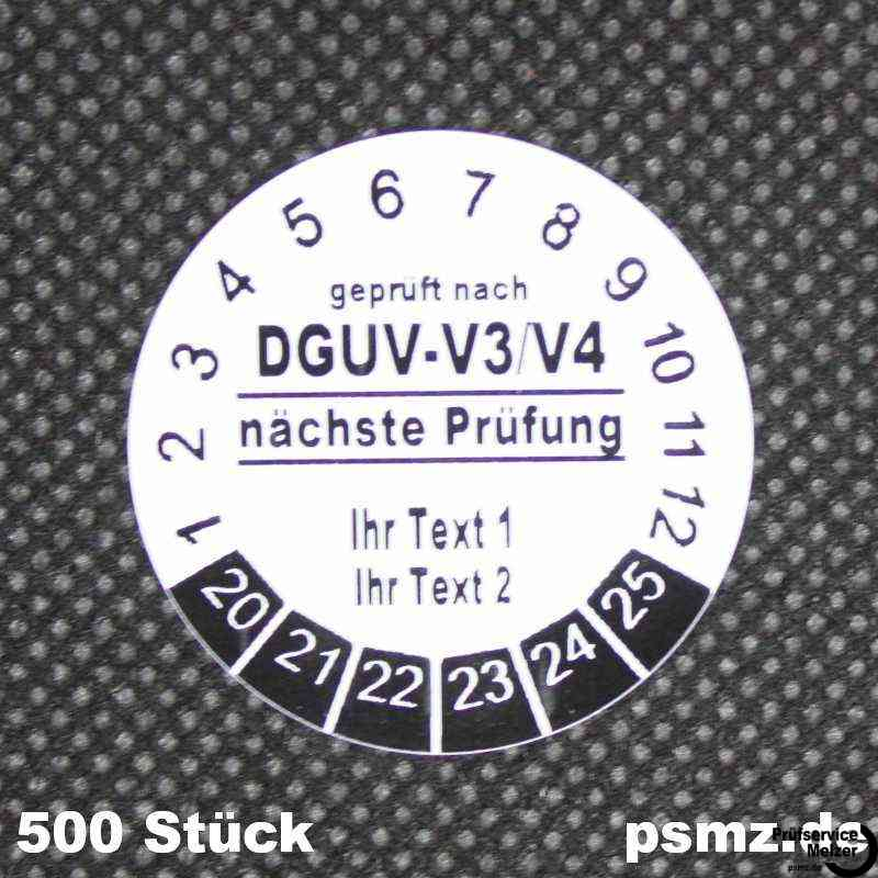 500 Prüfplaketten DGUV-V3/V4 30mm Vinyl weiß und Wunschtext auf Rolle