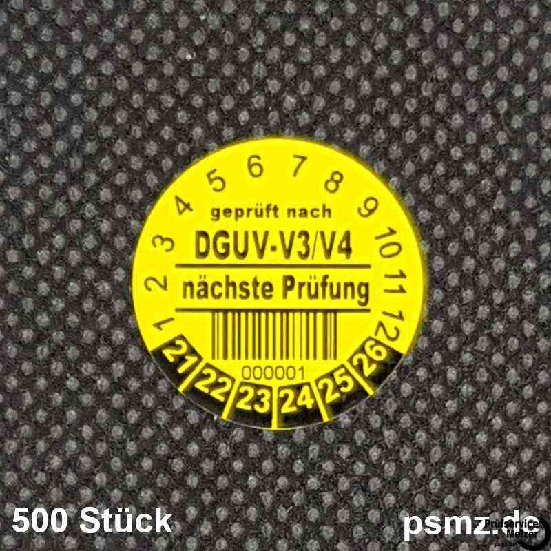 500 Prüfplaketten DGUV-V3/V4 20mm Vinyl gelb und Wunschtext auf Rolle