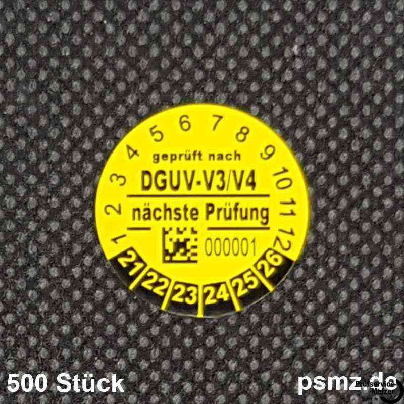 500 Prüfplaketten DGUV-V3/V4 20mm Vinyl gelb und Wunschtext auf Rolle