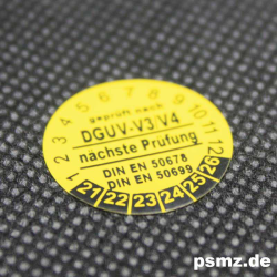 500 Prüfplaketten DGUV-V3/V4 20mm Vinyl gelb und Wunschtext auf Rolle