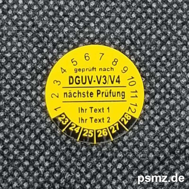 500 Prüfplaketten DGUV-V3/V4 20mm Vinyl gelb und Wunschtext auf Rolle