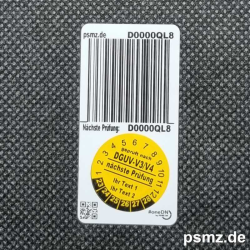 500 Prüfplaketten DGUV-V3/V4 20mm Vinyl gelb und Wunschtext auf Rolle