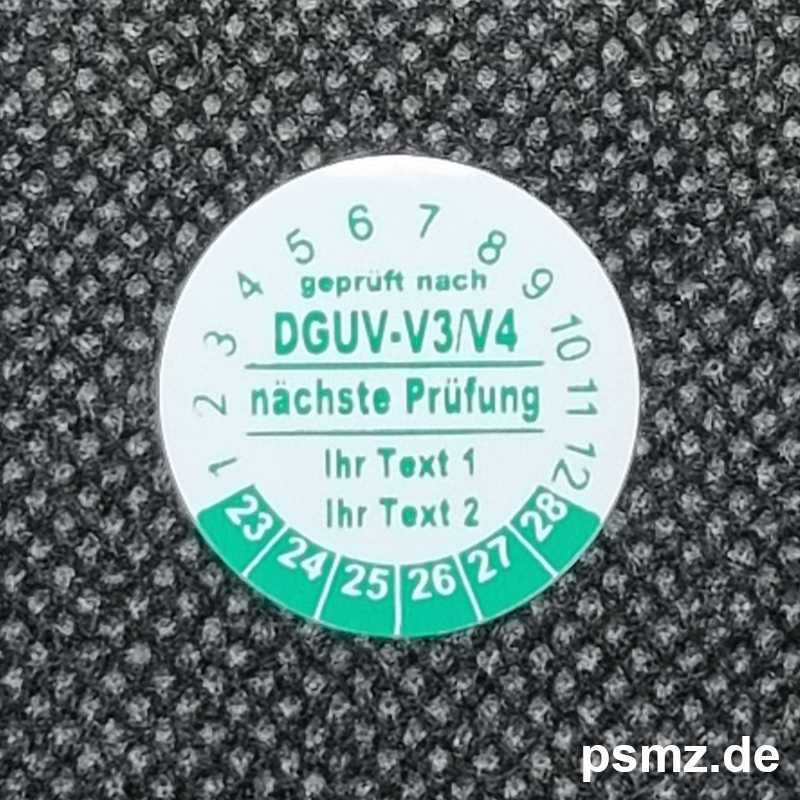 500 Prüfplaketten DGUV-V3/V4 20mm Vinyl weiß und Wunschtext auf Rolle