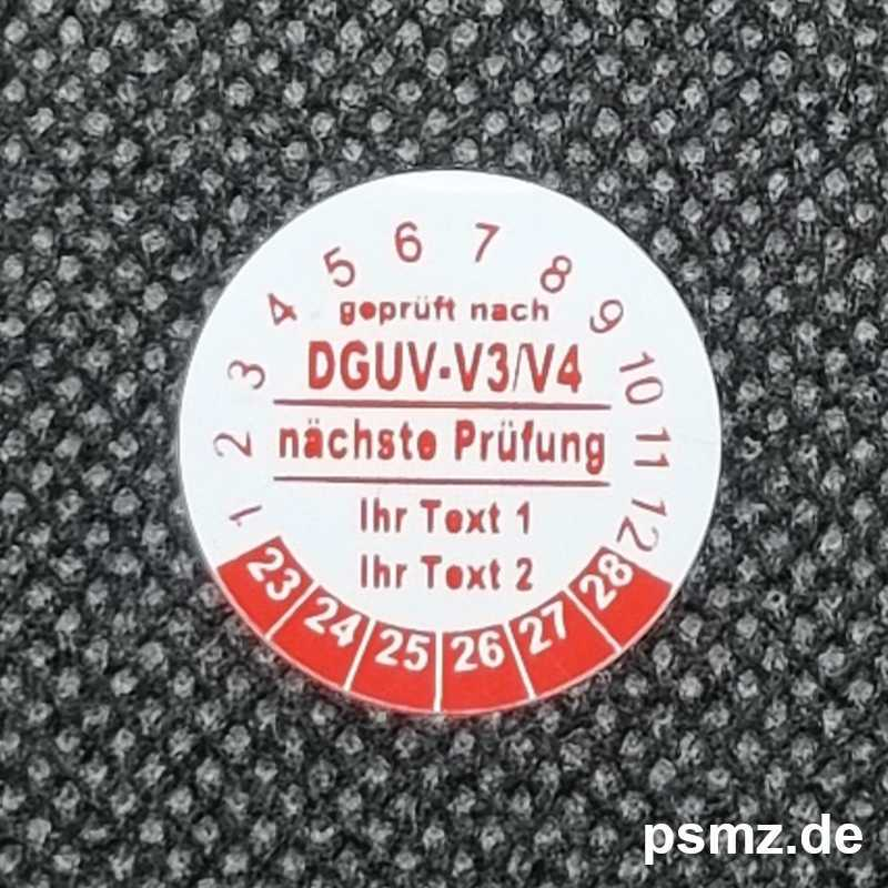 500 Prüfplaketten DGUV-V3/V4 20mm Vinyl weiß und Wunschtext auf Rolle