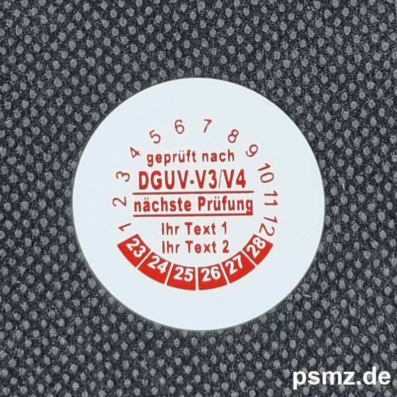 500 Prüfplaketten DGUV-V3/V4 30mm Vinyl weiß und Wunschtext auf Rolle