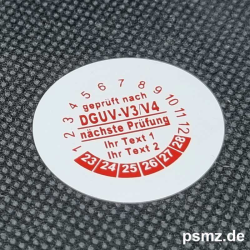 500 Prüfplaketten DGUV-V3/V4 30mm Vinyl weiß und Wunschtext auf Rolle